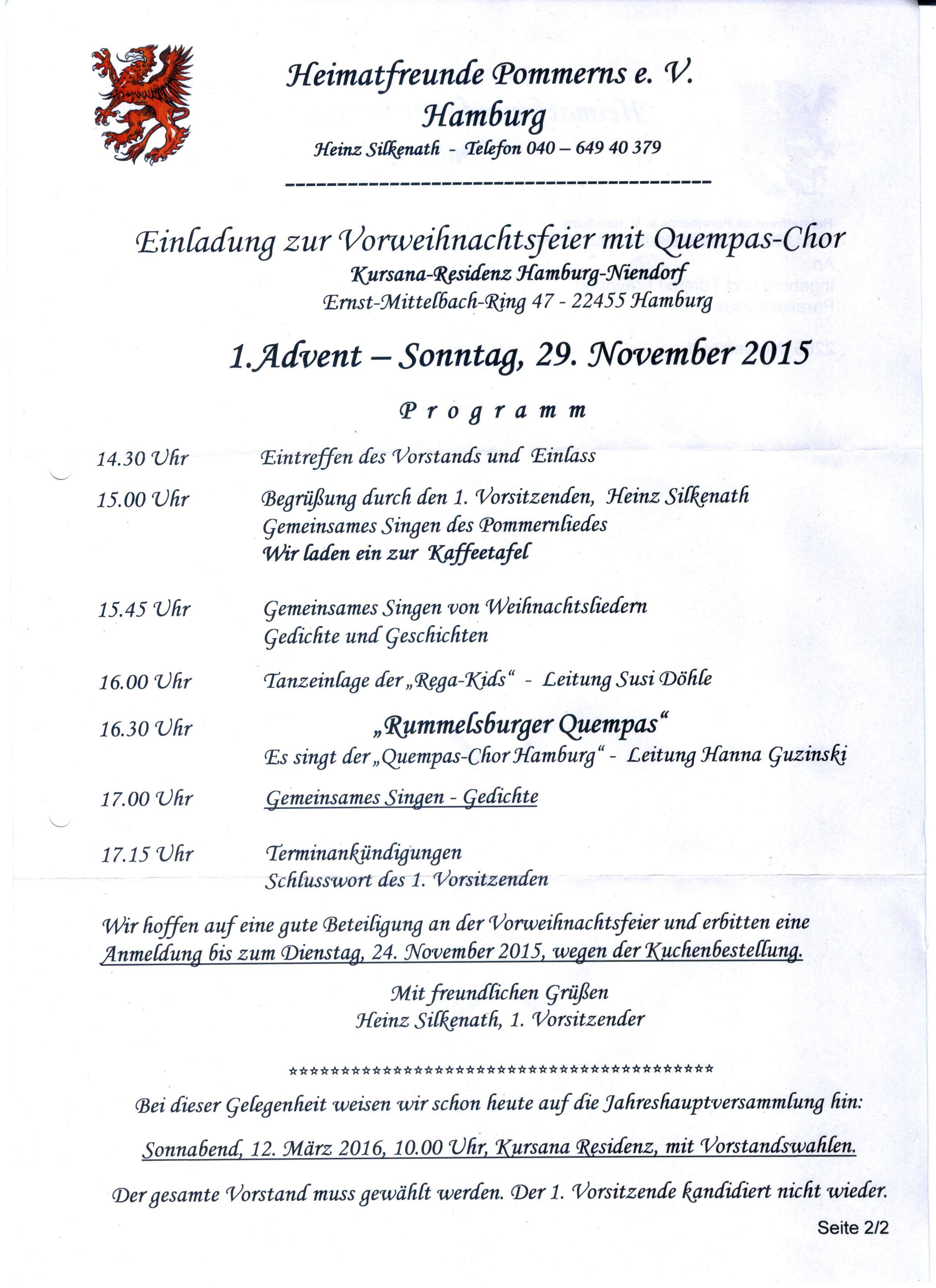 Einladung zur Vorweihnachtsfeier der Heimatfreunde Pommerns am 29.11.2015